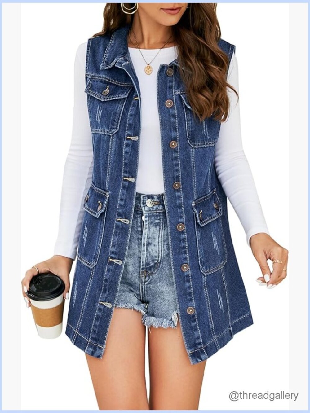Women's Casual Button Up Sleeveless Denim Mid Long Vest Gilet Jacket